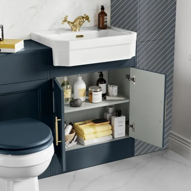 Monaco Inky Blue Combination Vanity Traditional Basin and Hudson Toilet with Wooden Seat 1200mm - Brass Knurled Handles