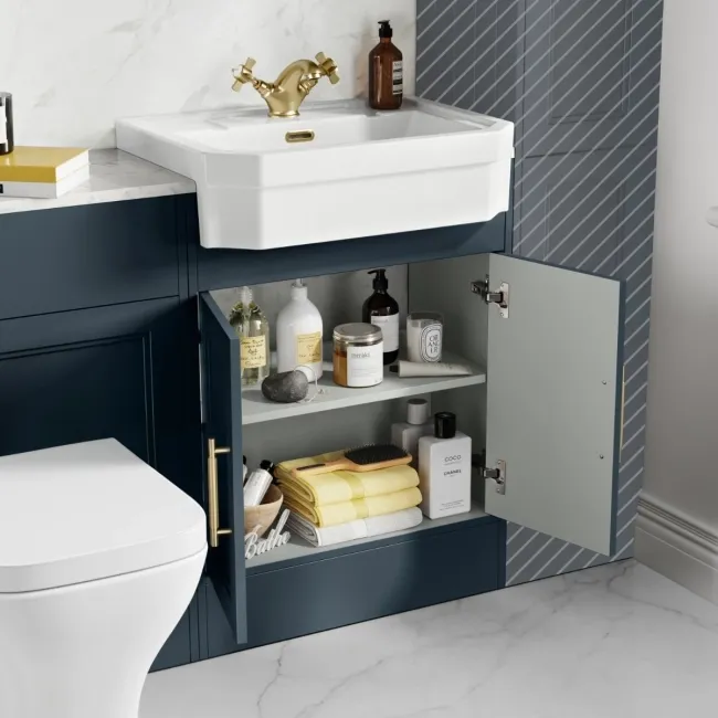 Monaco Inky Blue Combination Vanity Traditional Basin with Marble Top & Atlanta Toilet 1200mm - Brass Knurled Handles