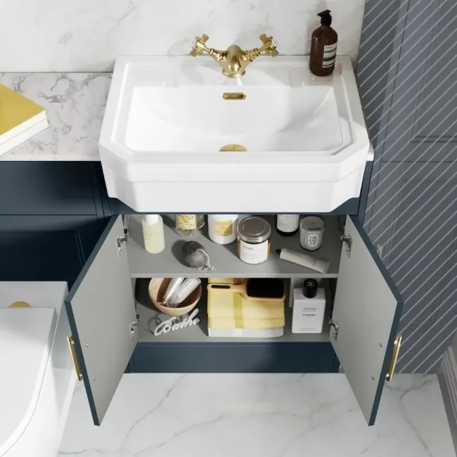 Monaco Inky Blue Combination Vanity Traditional Basin with Marble Top & Boston Toilet 1200mm - Brass Knurled Handles