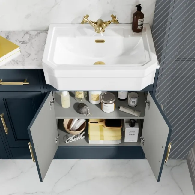 Monaco Inky Blue Combination Vanity Traditional Basin with Marble Top and Seattle Toilet 1500mm - Brass Knurled Handles