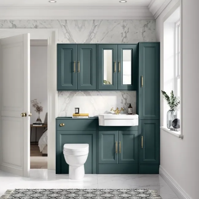 Monaco Midnight Green Combination Vanity Traditional Basin and Seattle Toilet 1200mm - Brass Knurled Handles