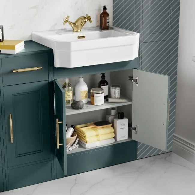 Monaco Midnight Green Combination Vanity Traditional Basin and Hudson Toilet with Wooden Seat 1500mm - Brass Knurled Handles