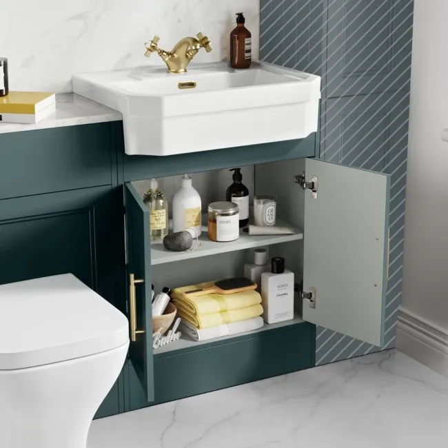 Monaco Midnight Green Combination Vanity Traditional Basin with Marble Top & Atlanta Toilet 1200mm - Brass Knurled Handles