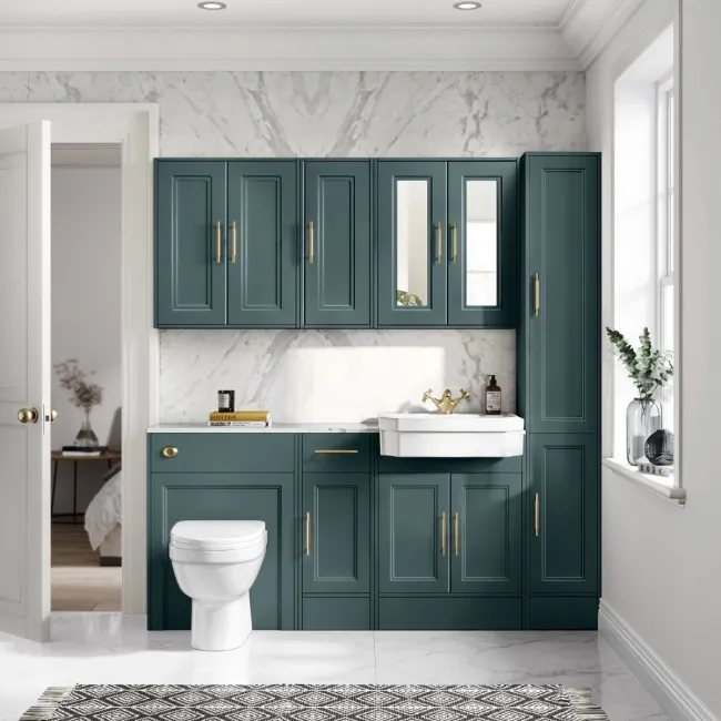 Monaco Midnight Green Combination Vanity Traditional Basin with Marble Top and Seattle Toilet 1500mm - Brass Knurled Handles