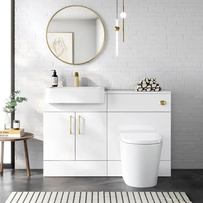 Harper Gloss White Combination Vanity Basin and Boston Toilet 1200mm - Brushed Brass Accents
