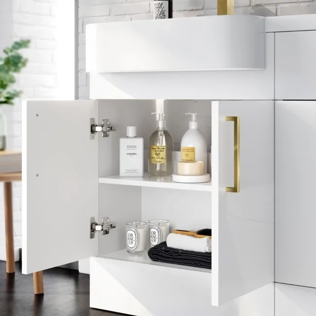 Harper Gloss White Combination Vanity Basin and Houston Toilet 1200mm - Brushed Brass Accents - Left Handed