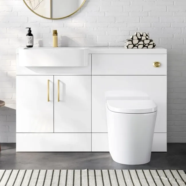 Harper Gloss White Combination Vanity Basin and Boston Toilet 1200mm - Brushed Brass Accents - Left Handed