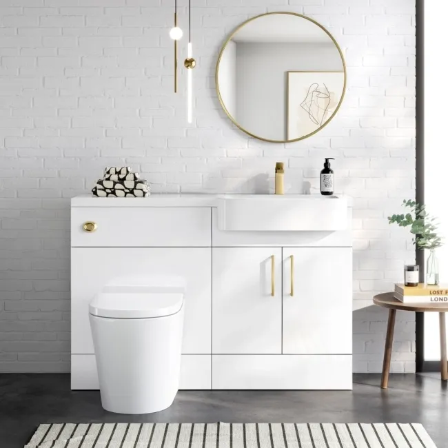 Harper Gloss White Combination Vanity Basin and Boston Toilet 1200mm - Brushed Brass Accents - Right Handed