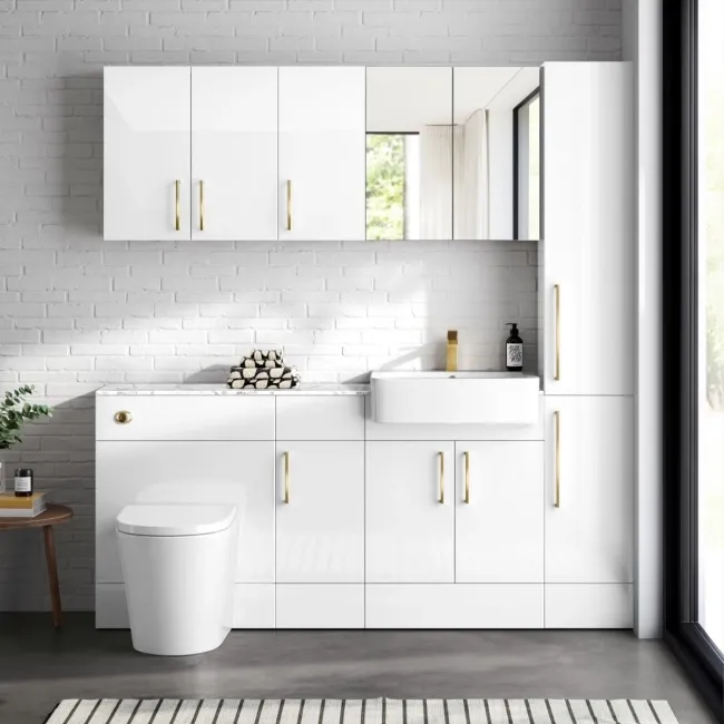 Harper Gloss White Combination Vanity Basin with Marble Top & Boston Toilet 1500mm - Brushed Brass Accents