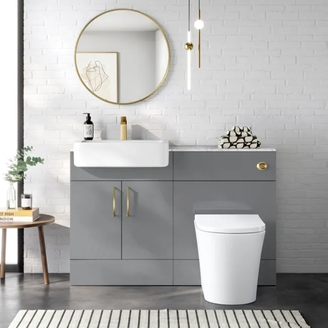 Harper Stone Grey Combination Vanity Basin with Marble Top & Tucson Toilet 1200mm - Brushed Brass Accents