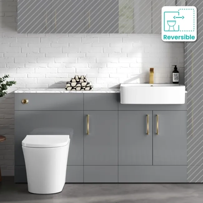 Harper Stone Grey Combination Vanity Basin with Marble Top & Tucson Toilet 1500mm - Brushed Brass Accents
