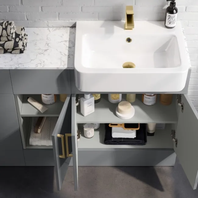 Harper Stone Grey Combination Vanity Basin with Marble Top & Tucson Toilet 1500mm - Brushed Brass Accents