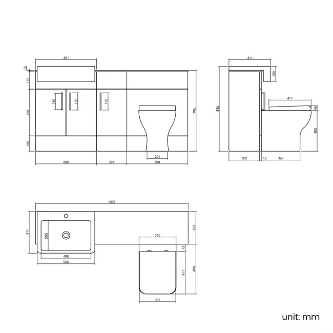 Harper Stone Grey Combination Vanity Basin with Marble Top & Houston Toilet 1500mm - Brushed Brass Accents