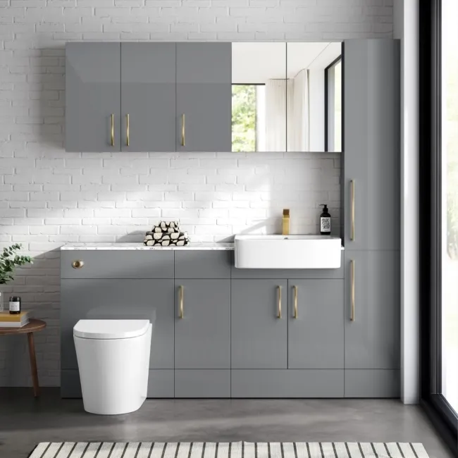 Harper Stone Grey Combination Vanity Basin with Marble Top & Boston Toilet 1500mm - Brushed Brass Accents