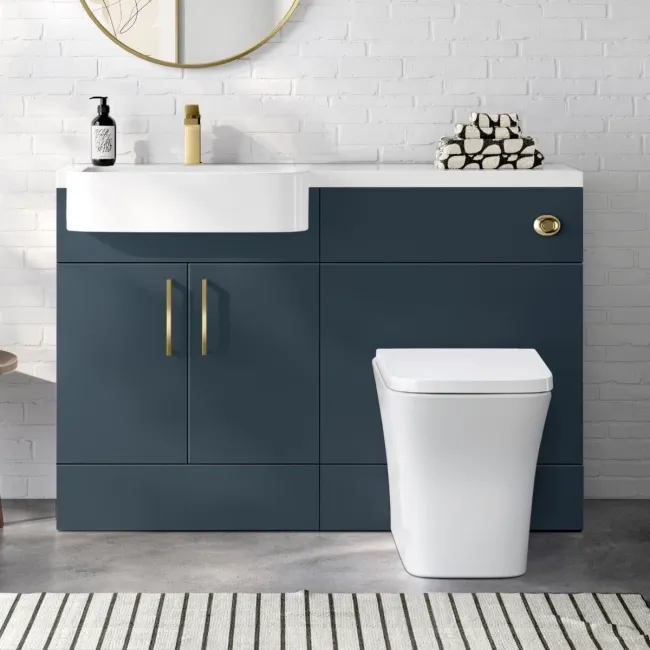 Harper Navy Blue Combination Vanity Basin and Houston Toilet 1200mm - Brushed Brass Accents - Left Handed