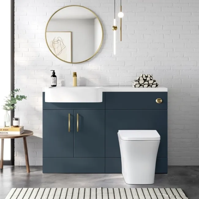 Harper Navy Blue Combination Vanity Basin and Houston Toilet 1200mm - Brushed Brass Accents - Left Handed