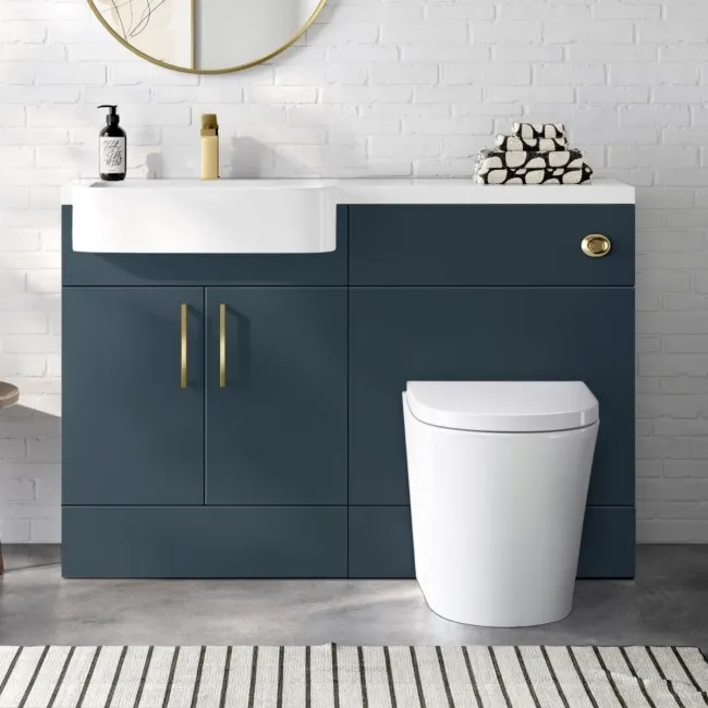 Harper Navy Blue Combination Vanity Basin and Boston Toilet 1200mm - Brushed Brass Accents - Left Handed