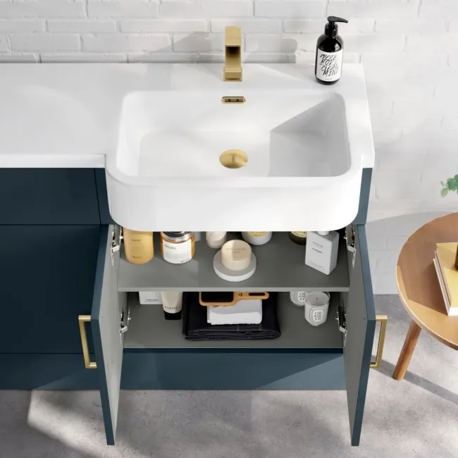 Harper Navy Blue Combination Vanity Basin and Tucson Toilet 1200mm - Brushed Brass Accents - Right Handed