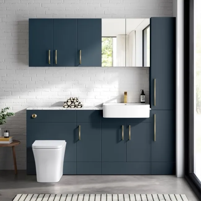 Harper Navy Blue Combination Vanity Basin with Marble Top & Houston Toilet 1500mm - Brushed Brass Accents