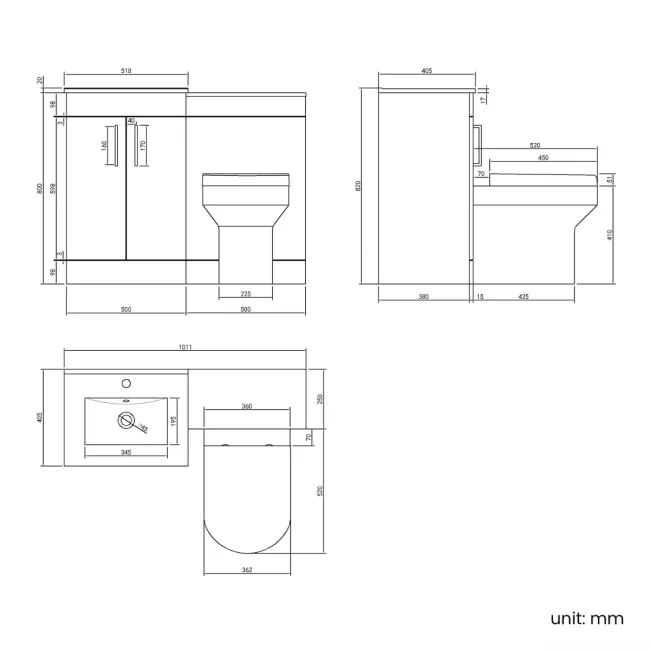 Mersey Gloss White Combination Vanity Basin and Miami Toilet 1000mm - Black Accents