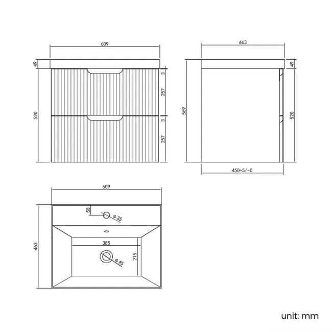Crete Fluted Linen White Wall Hung Basin Drawer Vanity 600mm
