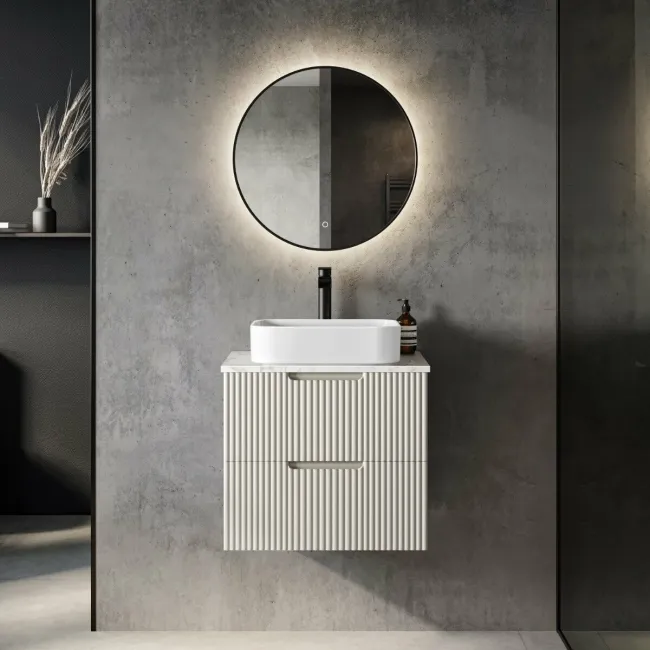 Crete Fluted Linen White Wall Hung Drawer Vanity with Marble Top & Marin Basin 600mm