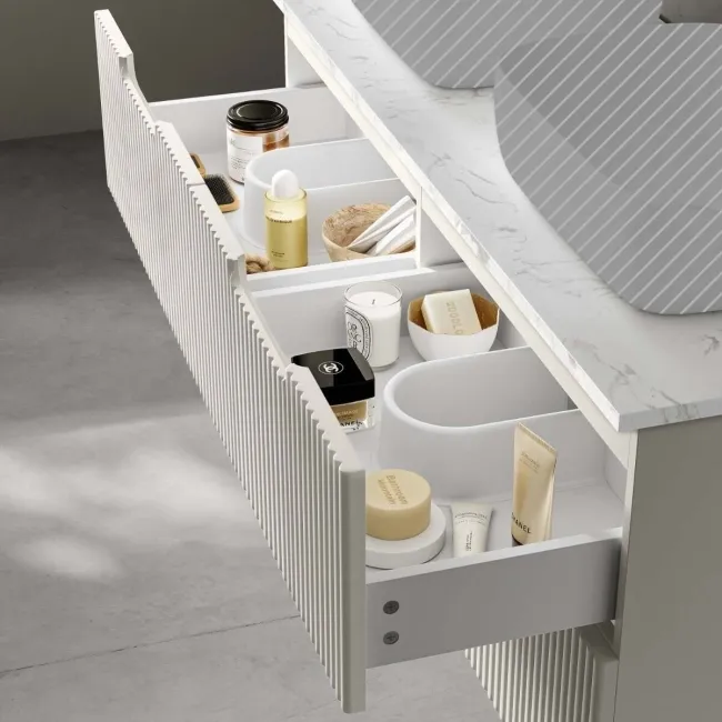 Crete Fluted Linen White Double Wall Hung Drawer Vanity with Marble Top 1200mm - Excludes Counter Top Basin