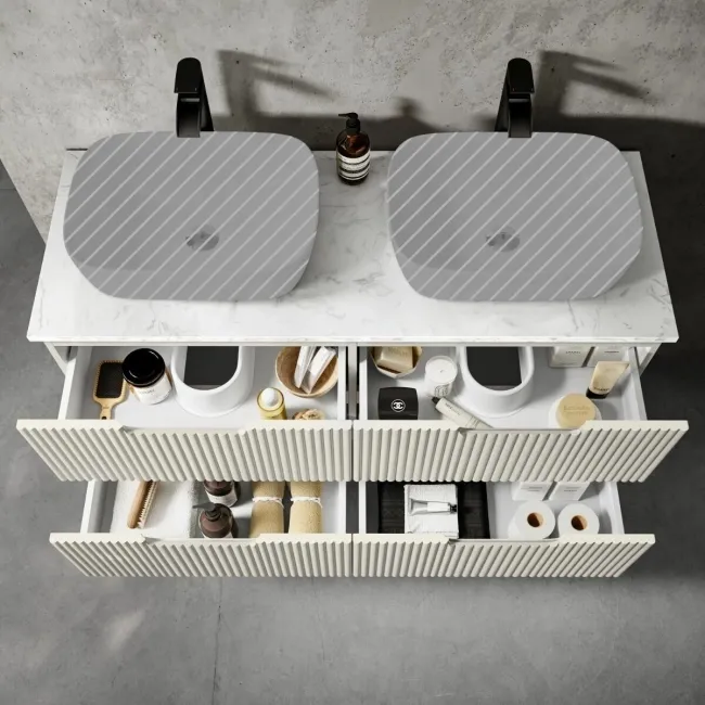 Crete Fluted Linen White Double Wall Hung Drawer Vanity with Marble Top 1200mm - Excludes Counter Top Basin