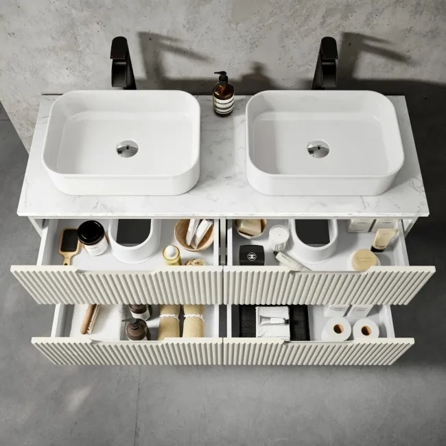 Crete Fluted Linen White Double Wall Hung Drawer Vanity with Marble Top & Marin Basin 1200mm