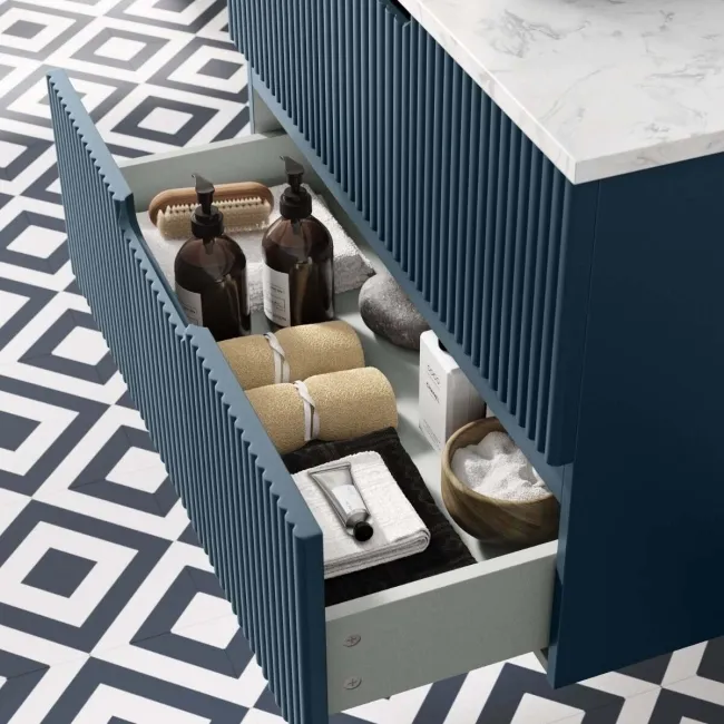 Crete Fluted Navy Blue Wall Hung Drawer Vanity with Marble Top 800mm - Excludes Counter Top Basin