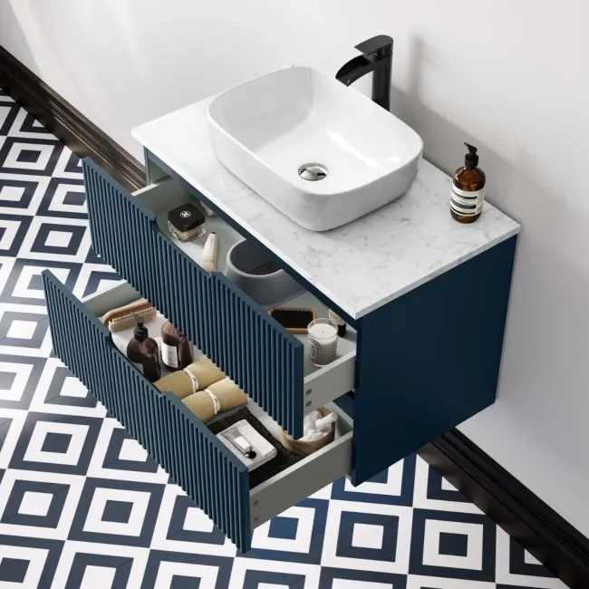 Crete Fluted Navy Blue Wall Hung Drawer Vanity with Marble Top & Curved Basin 800mm