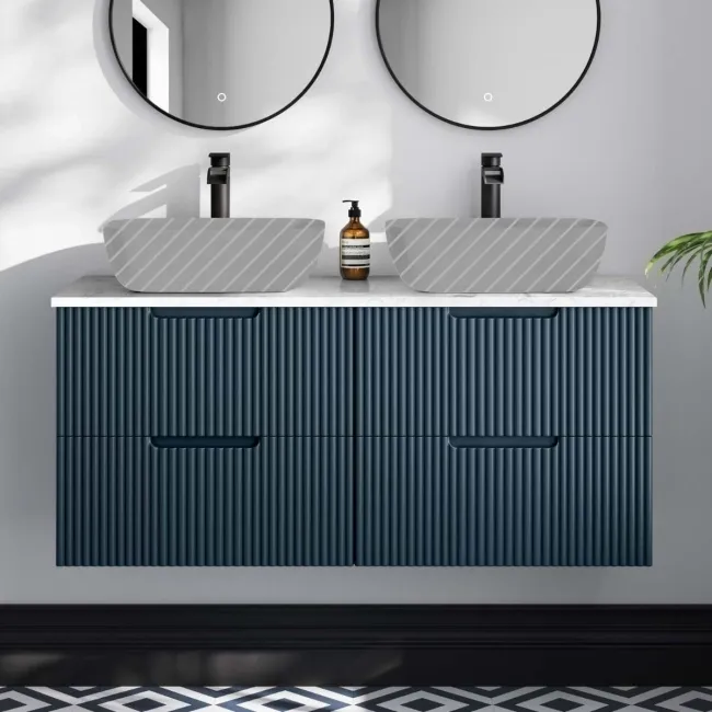 Crete Fluted Navy Blue Double Wall Hung Drawer Vanity with Marble Top 1200mm - Excludes Counter Top Basin