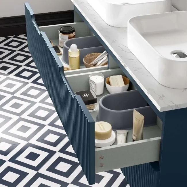 Crete Fluted Navy Blue Double Wall Hung Drawer Vanity with Marble Top & Marin Basin 1200mm
