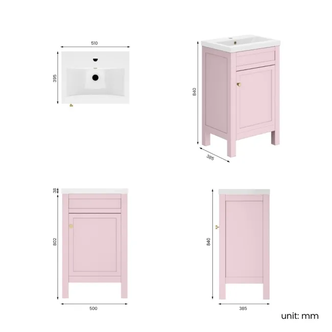 Bermuda Cashmere Pink Basin Vanity 500mm - Brushed Brass Accents