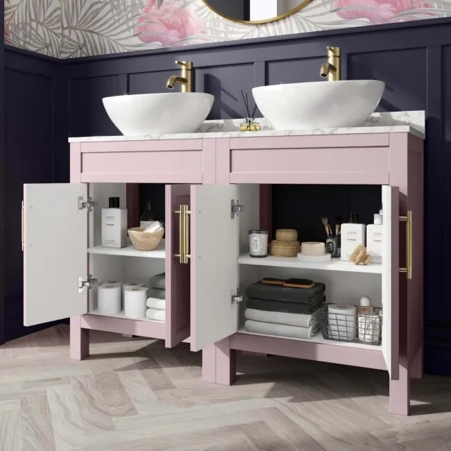 Bermuda Cashmere Pink Vanity with Marble Top & Oval Counter Top Basin 1200mm - Brass Knurled Handles