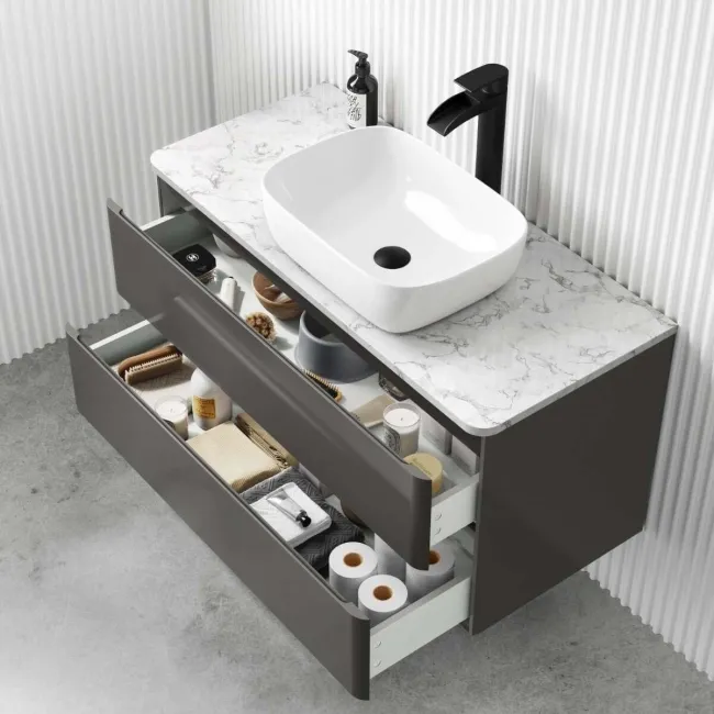 Corsica Tungsten Grey Vanity Drawer with Marble Top & Curved Counter Top Basin 1000mm