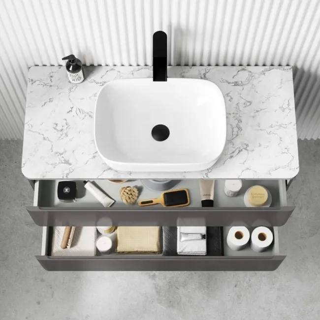 Corsica Tungsten Grey Vanity Drawer with Marble Top & Curved Counter Top Basin 1000mm