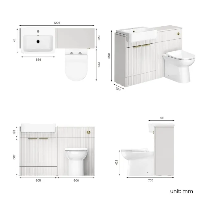 Sicily Fluted Coastal White Combination Vanity Basin and Aruba Toilet 1200mm - Brushed Brass Accents