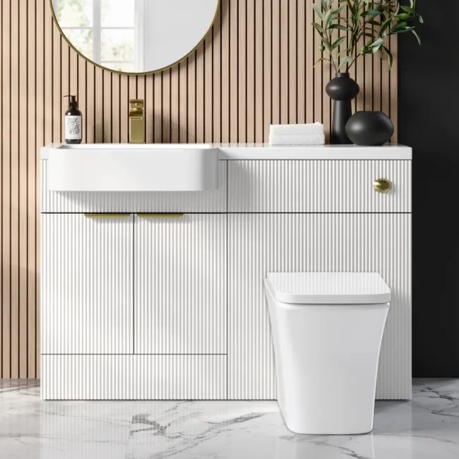 Sicily Fluted Coastal White Combination Vanity Basin and Houston Toilet 1200mm - Brushed Brass Accents - Left Handed