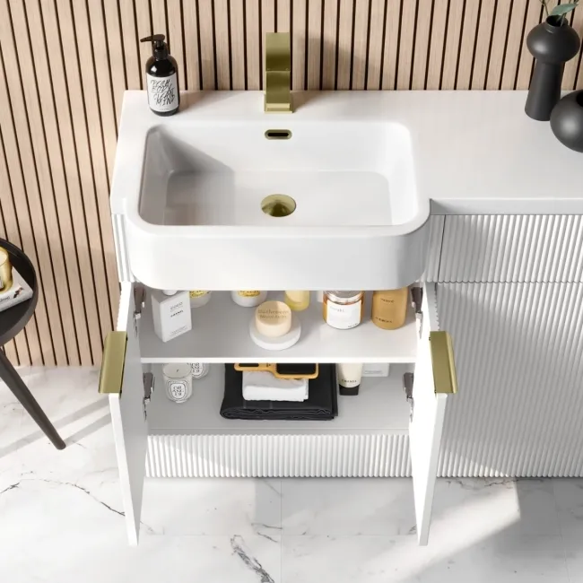 Sicily Fluted Coastal White Combination Vanity Basin and Houston Toilet 1200mm - Brushed Brass Accents - Left Handed