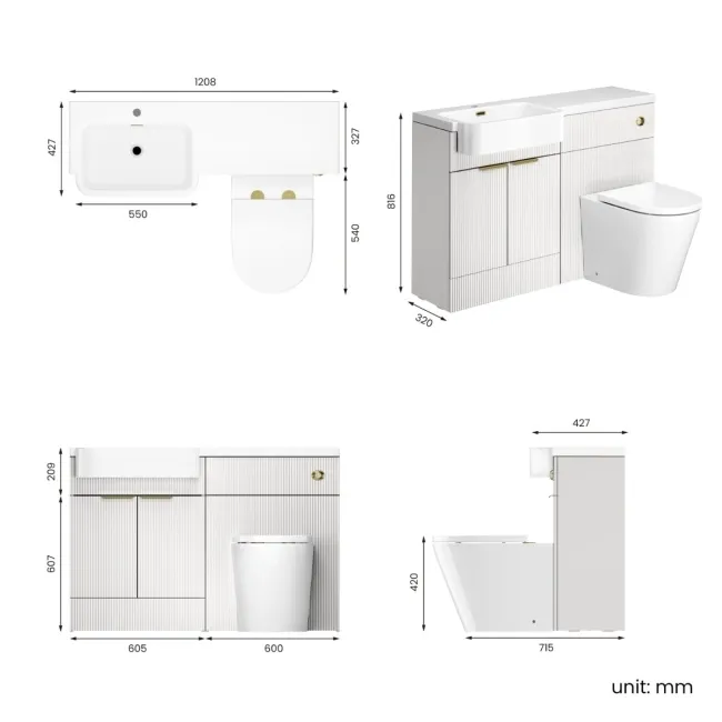 Sicily Fluted Coastal White Combination Vanity Basin and Boston Toilet 1200mm - Brushed Brass Accents - Left Handed
