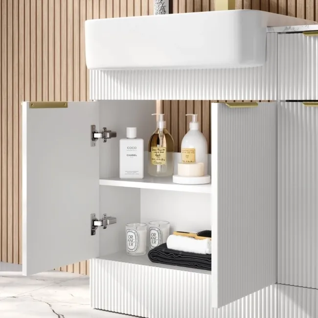 Sicily Fluted Coastal White Combination Vanity Basin with Marble Top & Boston Toilet 1500mm - Brushed Brass Accents