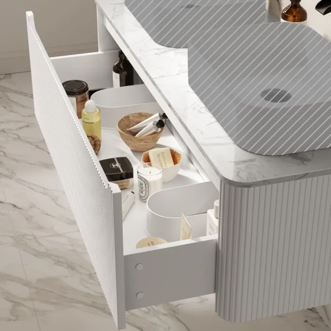 Sorrento Fluted Coastal White Double Wall Hung Drawer Vanity with Marble Top 1200mm - Excludes Counter Top Basin