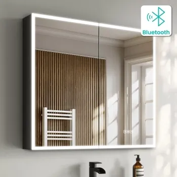 Esme Matt Black Illuminated LED Mirror Cabinet With BLUETOOTH Speaker 700x800mm