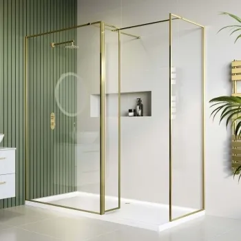 Munich Brushed Brass Framed 8mm Walk In Shower Enclosure 1200mm & 800mm Glass with Return Panel