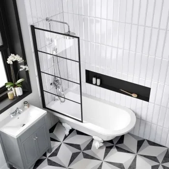 Abingdon 1500 Roll Top Shower Bath - White Ball Feet & 6mm Easy Clean Matt Black Grid Screen