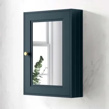 Inky Blue Mirror Cabinet 700x500mm - Brushed Brass Accents