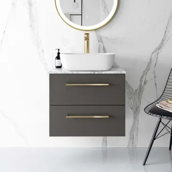 Elba Graphite Grey Wall Hung Drawer Vanity with Marble Top & Curved Counter Top Basin 600mm - Brushed Brass Accents