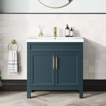 Bermuda Inky Blue Basin Vanity 800mm - Brass Knurled Handles