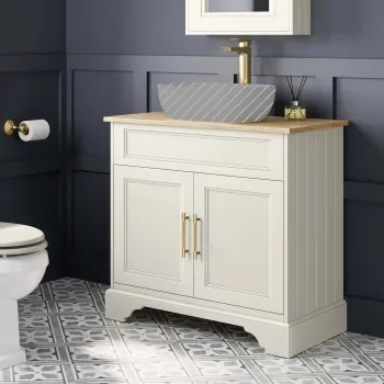 Lucia Chalk White Cabinet with Oak Effect Top 840mm (Excludes Counter Top Basin) - Brass Knurled Handles